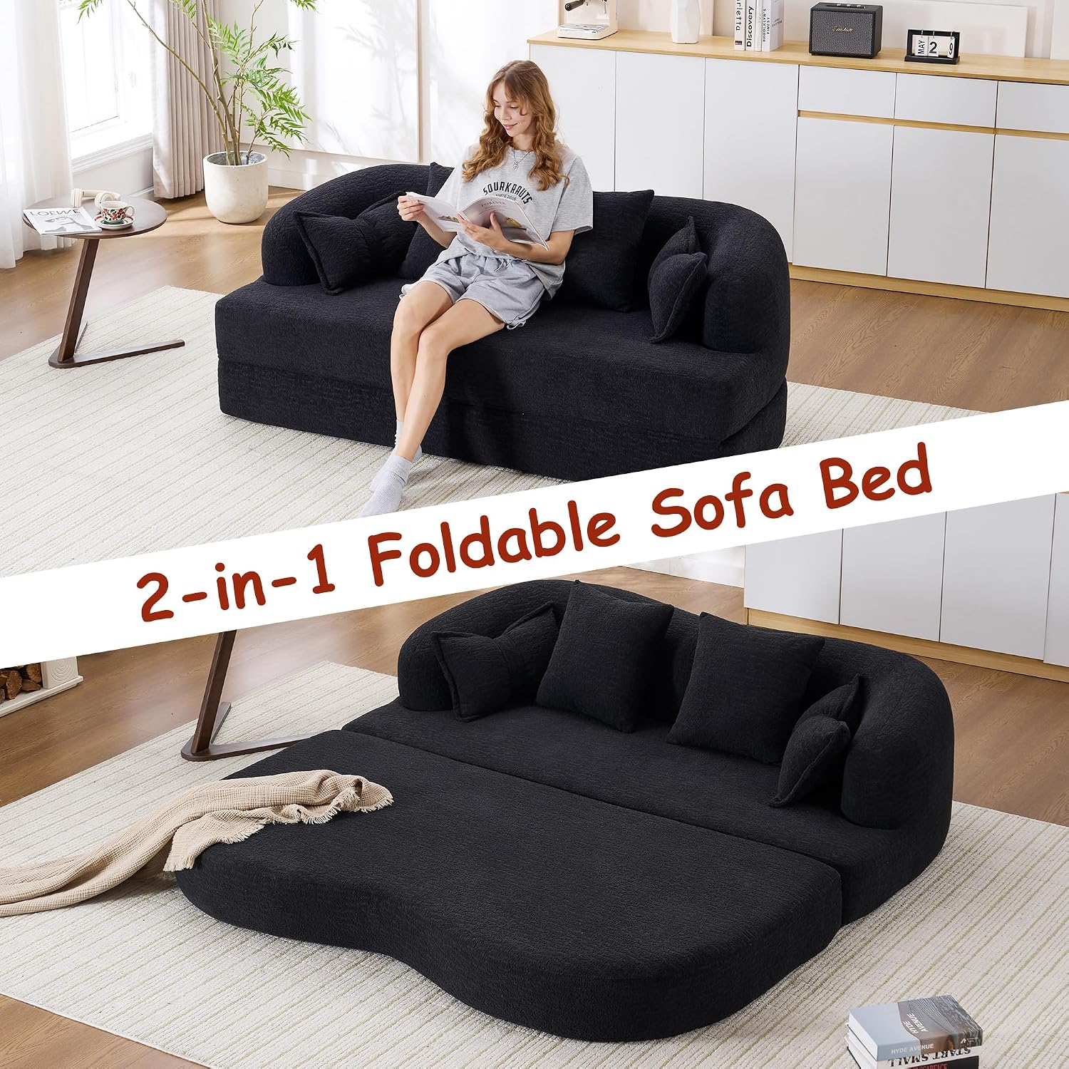70' Convertible Sofa Bed, 2-in-1 Boneless Sleeper Sofa, Soft Chenille Folding Sofa Loveseat with 4 Pillows, Love Seat Small Couch for Small Spaces, Living Room, Bedroom, No Assembly