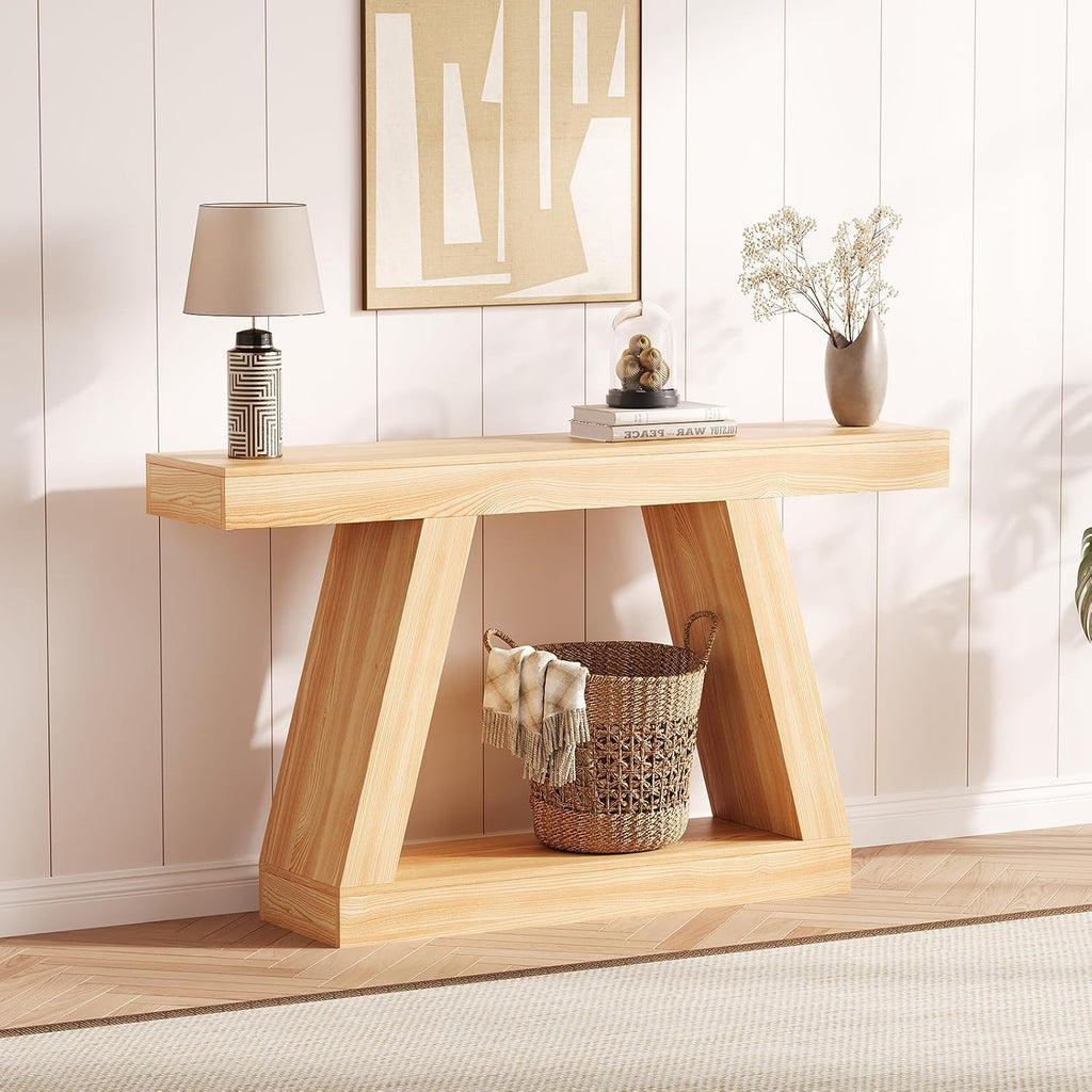 55 Inches Console Table, Sofa Table Behind Couch, 2-Tier Wooden Entry Tables for Entryway Foyer Hallway, Industrial Console Tables with Open Storage Shelf for Living Room