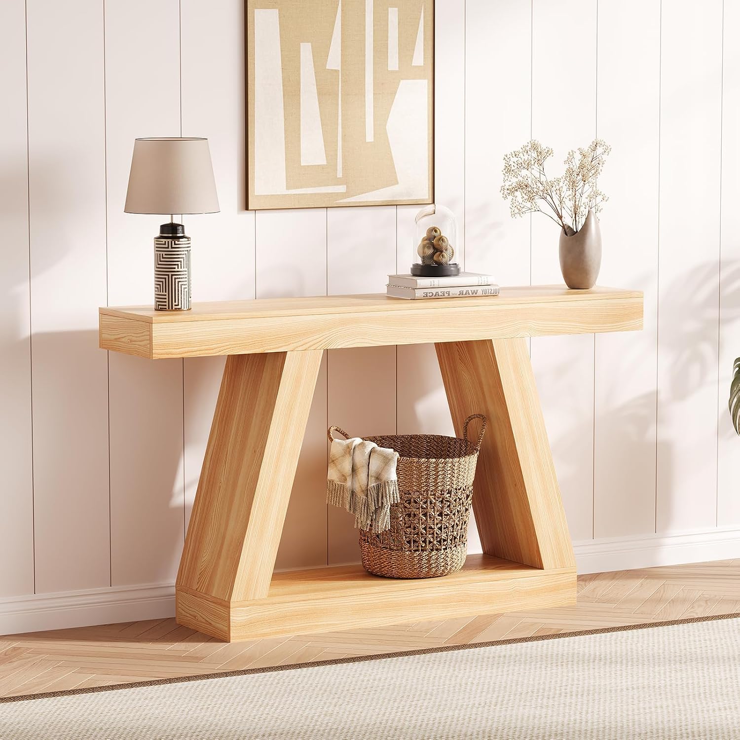 55 Inches Console Table, Sofa Table Behind Couch, 2-Tier Wooden Entry Tables for Entryway Foyer Hallway, Industrial Console Tables with Open Storage Shelf for Living Room