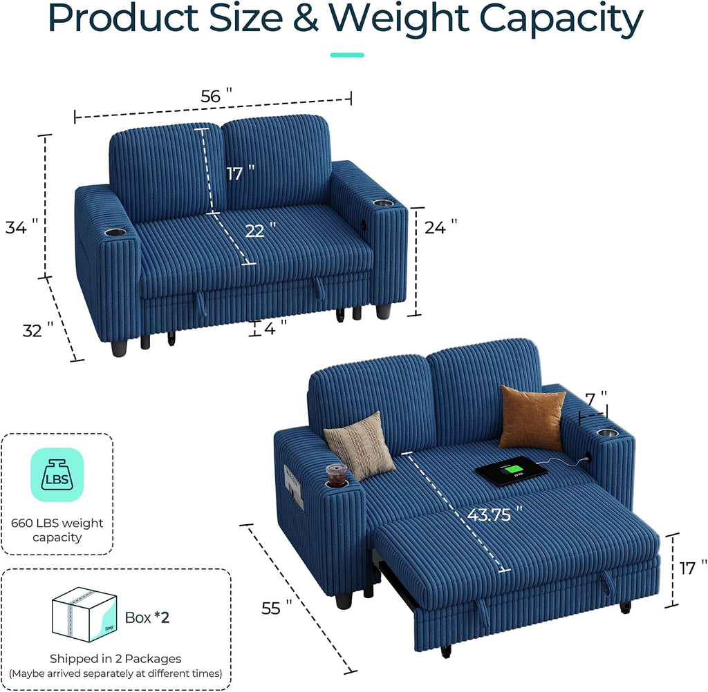LINSY HOME Pull Out Loveseat Sofa Sectional Sleeper Sofa, Plush Corduroy Love Seat Couch Pullout Modular Sectional Couches for Living Room Apartment Bedroom (Blue)