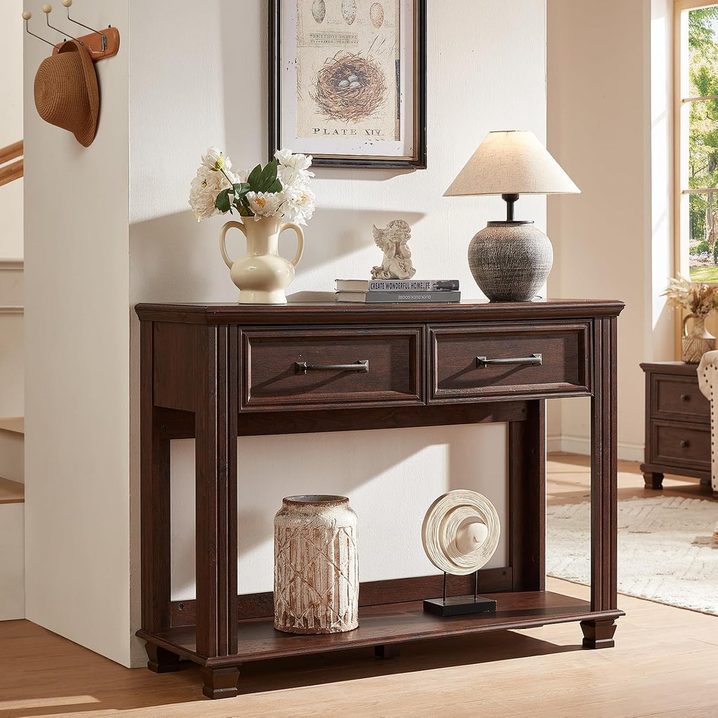 SAVOR LIFE Farmhouse 46' Console Table with 2 Drawers, Rustic Wood 2 Tier Entryway Table with Open Storage Shelf for Entry, Large Mid-Century Vintage Sofa Tables Behind Couch for Living Room, Walnut