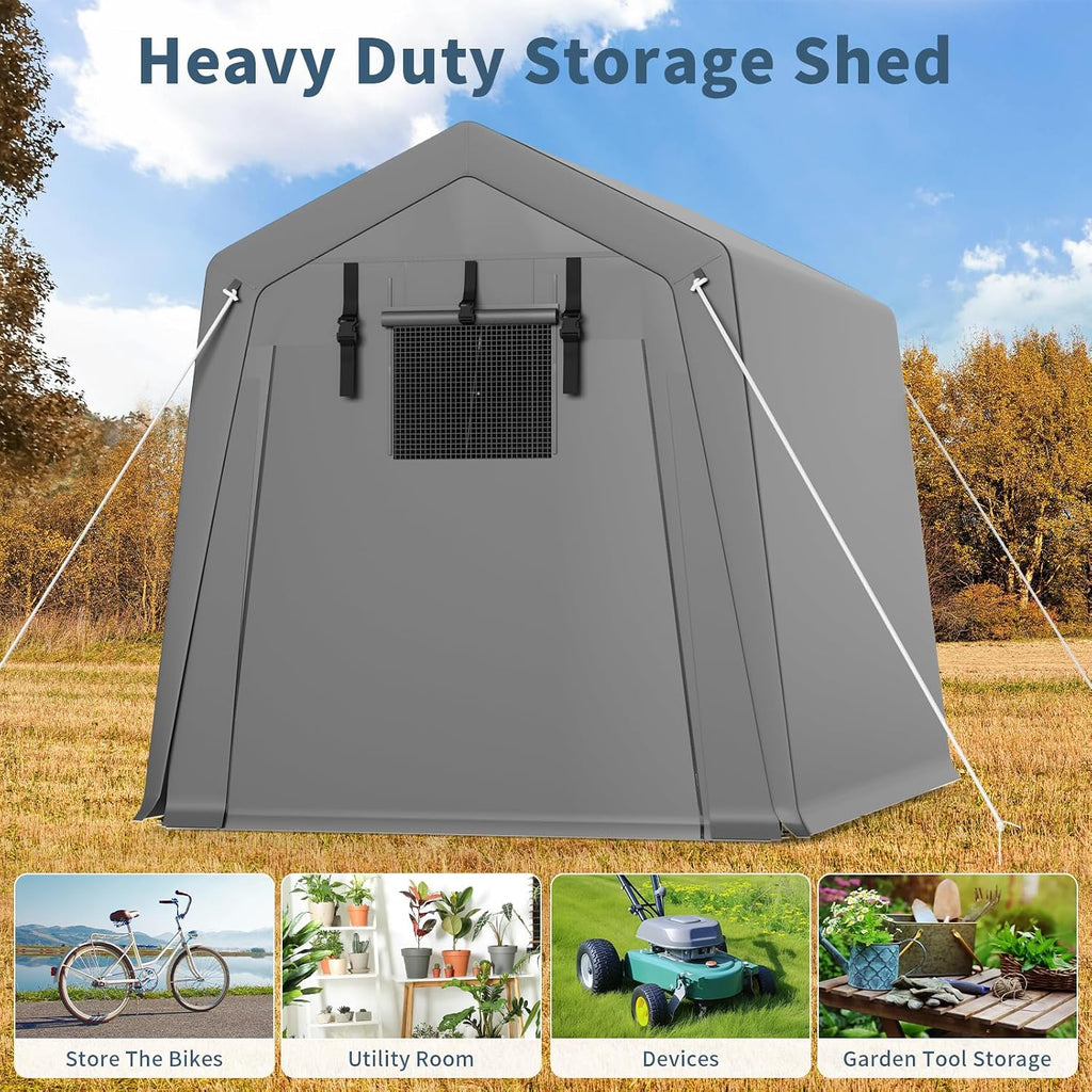 Outdoor Storage Shed 6x8 ft, Heavy Duty Portable Garage Carport Tent for Bike, ATV & Motorcycle, Waterproof Garden Storage Shelter with Mesh Window, Metal Frame Outdoor Shed Cover