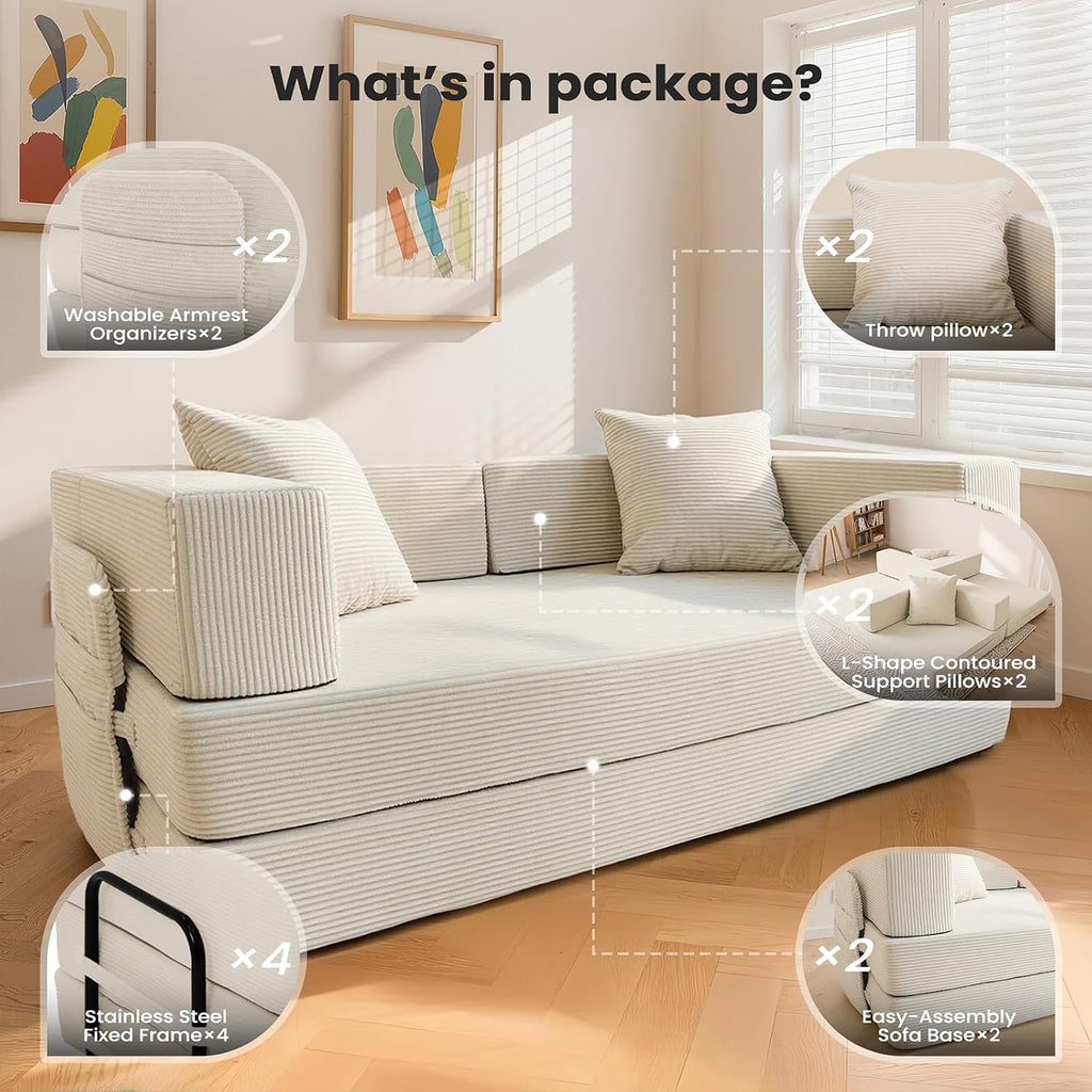 5‑in‑1 Futon Sofa Bed Queen – Floor Foldable Convertible Sofa Couch with L‑Shaped Armrests, Removable Cover, White Convertible Guest Bed | Space‑Saving Fold‑Out Mattress Lounge for Living Room/Bedroom