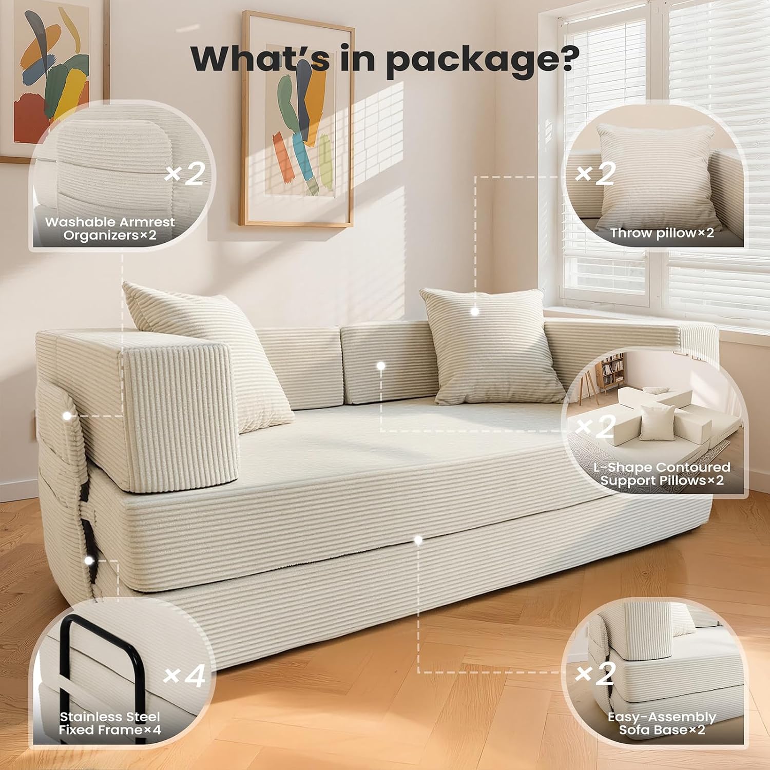 5‑in‑1 Futon Sofa Bed Queen – Floor Foldable Convertible Sofa Couch with L‑Shaped Armrests, Removable Cover, White Convertible Guest Bed | Space‑Saving Fold‑Out Mattress Lounge for Living Room/Bedroom