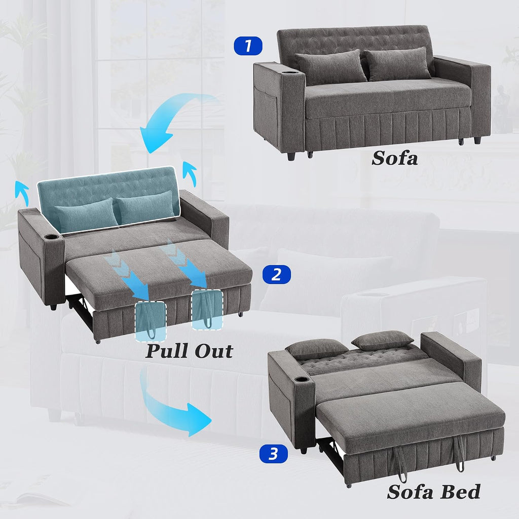 Merax Pull-Out Sleeper Sofa Bed with Reversible Backrest and Two Throw Pillows, 3 in 1 Foton Couch with USB Ports & Cup Holder, Chenille Loveseat with Storage Shelves for Living Room, Grey