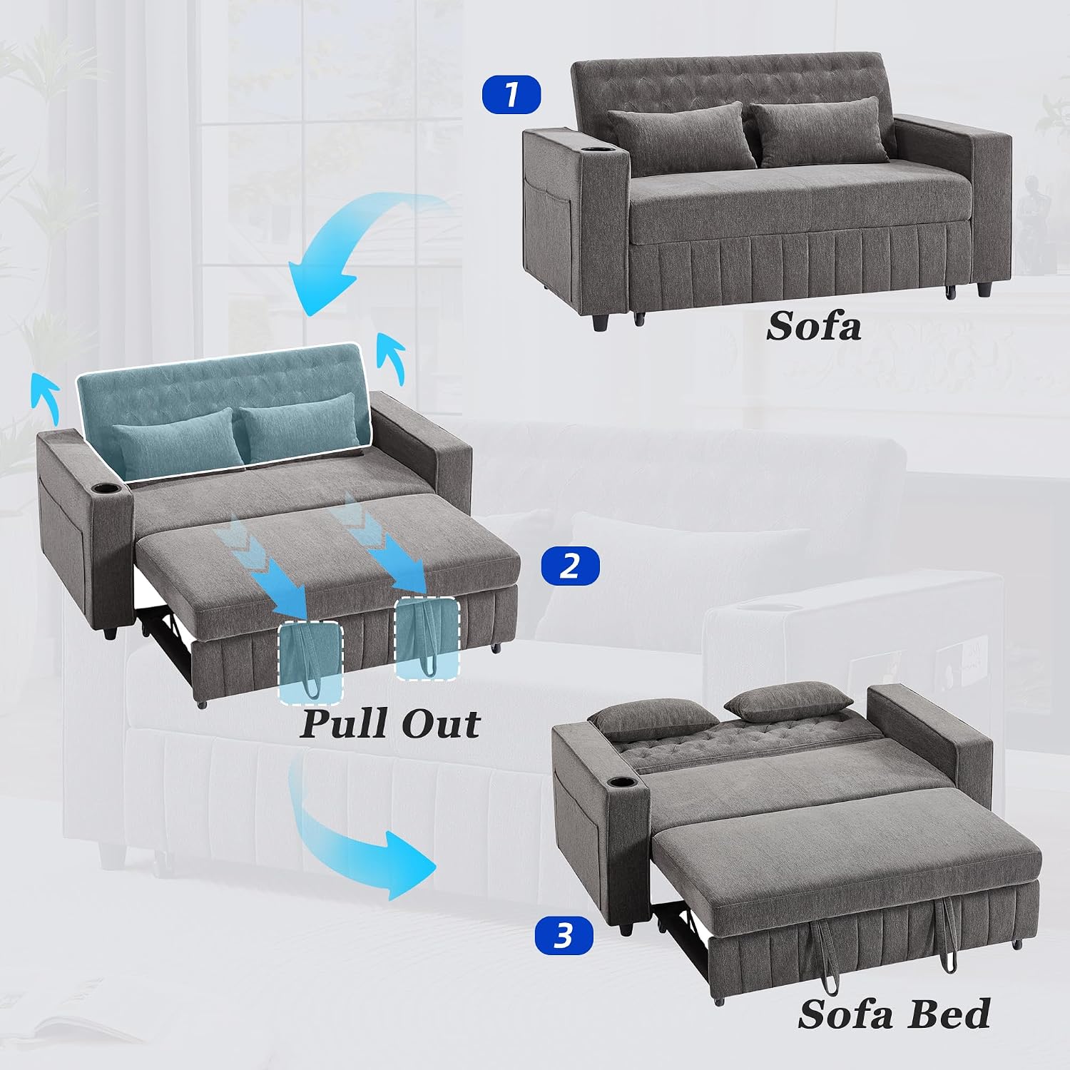 Merax Pull-Out Sleeper Sofa Bed with Reversible Backrest and Two Throw Pillows, 3 in 1 Foton Couch with USB Ports & Cup Holder, Chenille Loveseat with Storage Shelves for Living Room, Grey