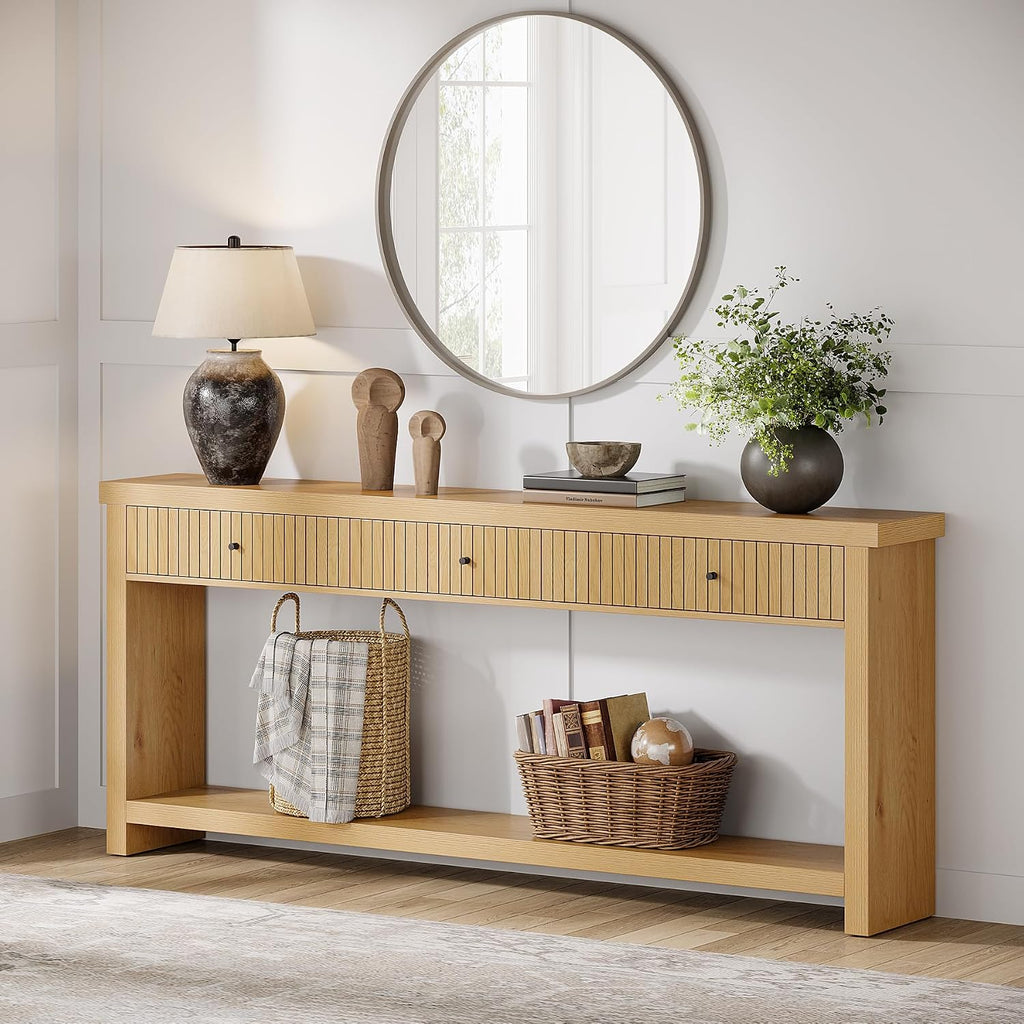 Tribesigns 70.9 inch Console Table with 3 Drawers, Extra Long Entryway Table, Wood Sofa Table Oak Furniture with Open Storage Shelves Wooden Couch Table Foyer Tables for Living Room Hallway Entrance