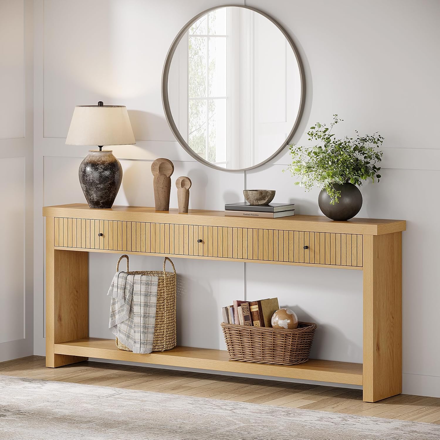 Tribesigns 70.9 inch Console Table with 3 Drawers, Extra Long Entryway Table, Wood Sofa Table Oak Furniture with Open Storage Shelves Wooden Couch Table Foyer Tables for Living Room Hallway Entrance