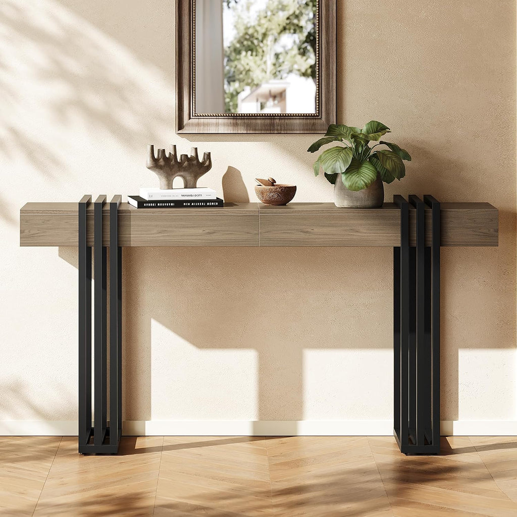 63' Long Console Table for Entryway - Behind Couch Table for Living Room, Wood Sofa Tables with Black Parallel Metal Frame & Power Outlet for Hallway, Entrance, Narrow Foyer, Light Walnut