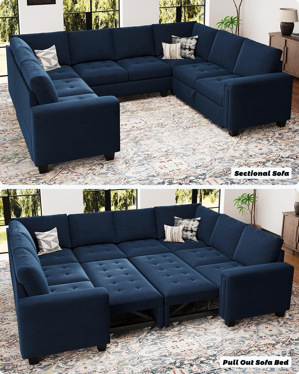 Belffin Modular Sectional Sleeper Sofa with Pull Out Couch Bed Oversized U Shaped Sectional Couches for Living Room Velvet Modular Sleeper Sofa Bed Blue