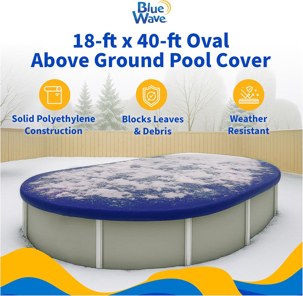 Blue Wave Gold 15-Year 18 ft x 40 ft Oval Above Ground Pool Cover for Winter – Durable & Weather-Resistant Polyethylene – 4 ft Overlap, Black Underside, Reinforced Grommets, Winch, Cable – Royal Blue