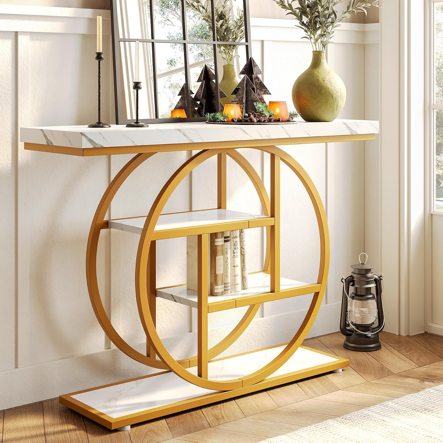 LITTLE TREE Console Table, 4-Tier Entryway Table Behind Couch Table, 41.3-Inch Modern Sofa Table for Living Room, Foyer Hallway Table for Entrance, White and Gold