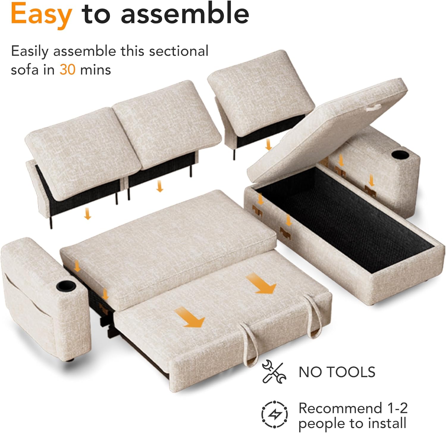 Sunny Heart L-Shaped Sleeper Sofa with Pull Out Bed, 82' Sectional Couch with Reclining Backrest, Reversible Storage Chaise, Armrest Storage, Cup Holders, and Side Pockets, Tool-Free Assembly, Beige