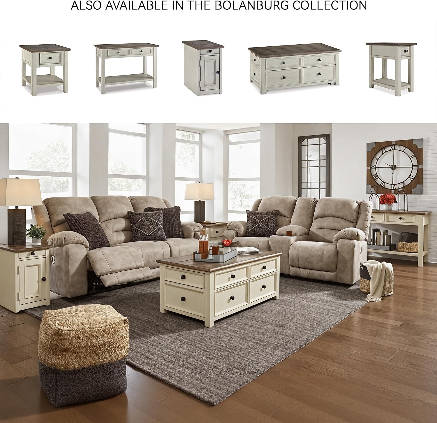 Signature Design by Ashley Bolanburg Sofa Table, Two‑Tone Wood Console With Drawers, Antique Finish With Metal Hardware, Ideal for Entryway or Living Room Display, Antique White