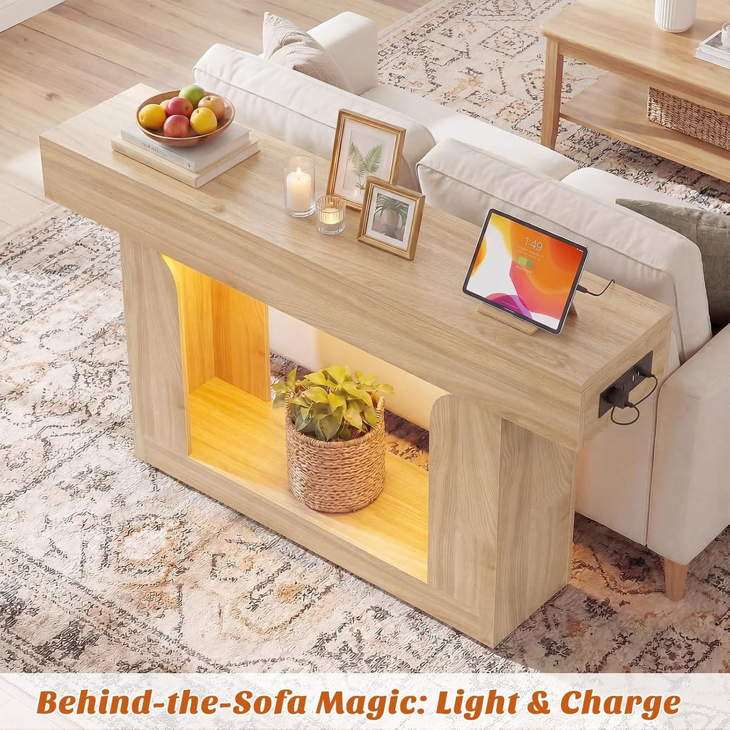 Homieasy Console Table, 47' Entryway Table with LED Lights & Charging Station, Farmhouse Wooden Sofa Table Behind Couch, Narrow Hallway Table for Living Room, Foyer, Entry, Natural Oak