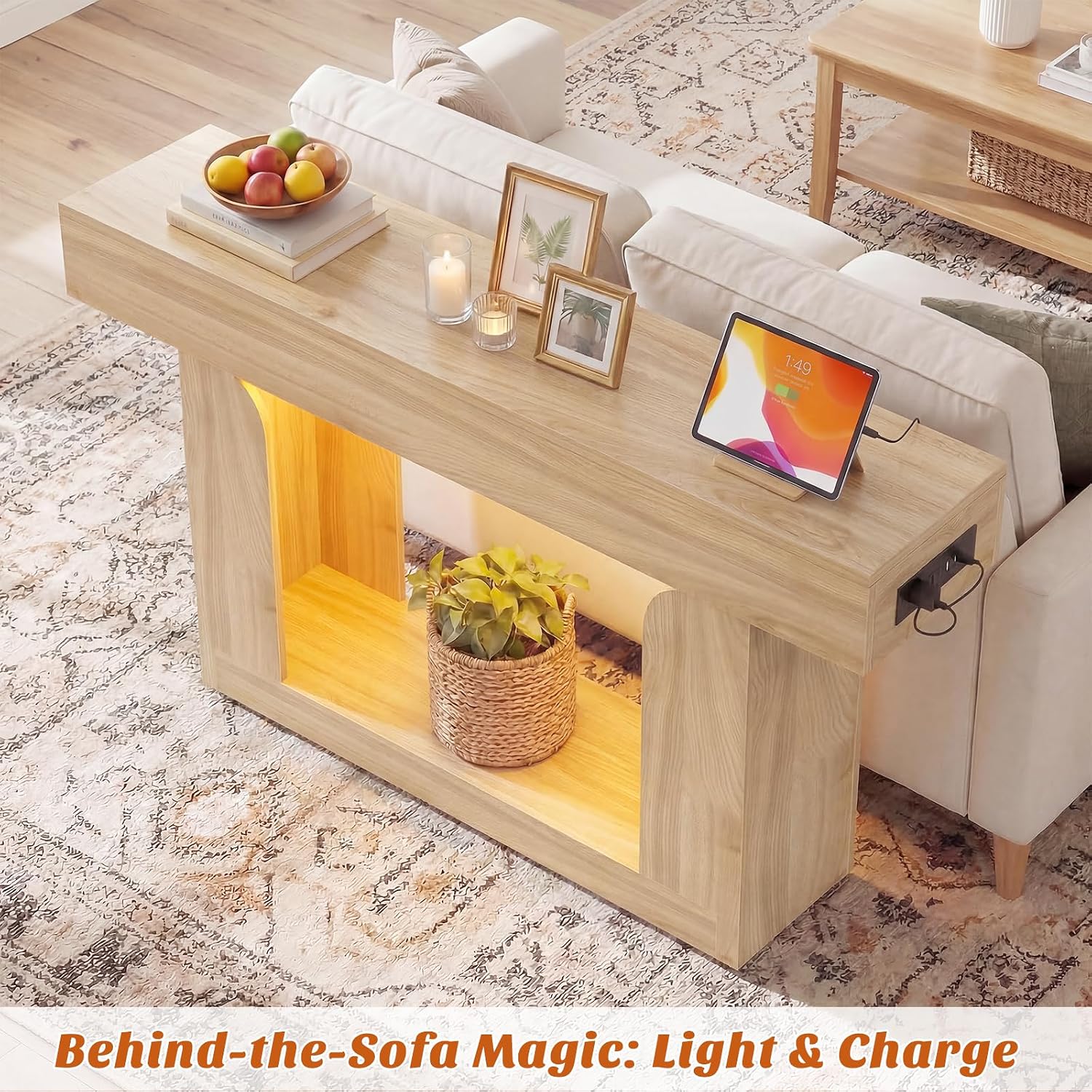Homieasy Console Table, 47' Entryway Table with LED Lights & Charging Station, Farmhouse Wooden Sofa Table Behind Couch, Narrow Hallway Table for Living Room, Foyer, Entry, Natural Oak