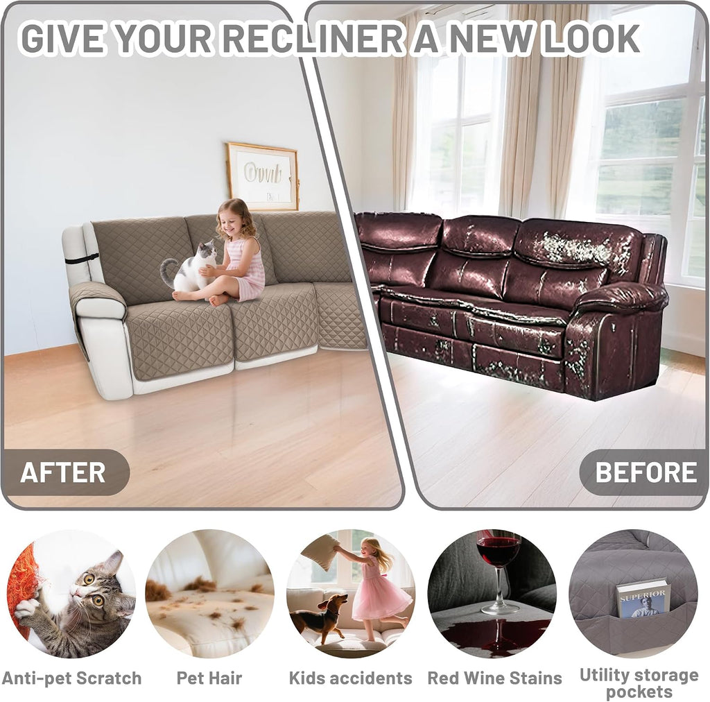 Waterproof Sectional Reclining Couch Covers L Shaped Recliner Sectional Sofa Cover 7 Piece Non Slip Washable Corner Recliner Slipcover Set for Pet Dog (5 Seater Cover, Camel)