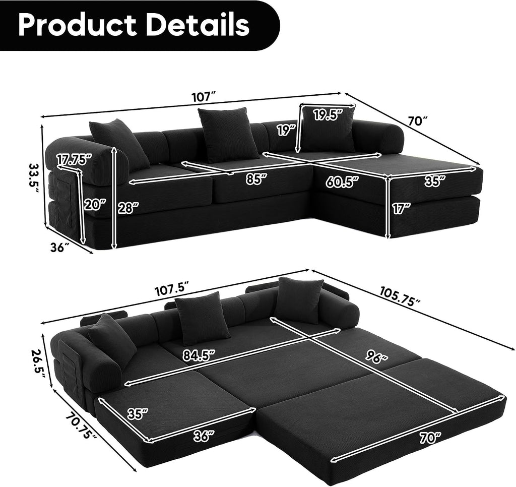 Modular L Shaped Sofa Bed with Cylindrical Pillow & Reversible Chaise, Corduroy Convertible Floor Boneless Sofa Couch Bed with Fixed-Shape Frame & Storage Pocket for Living Room, Black