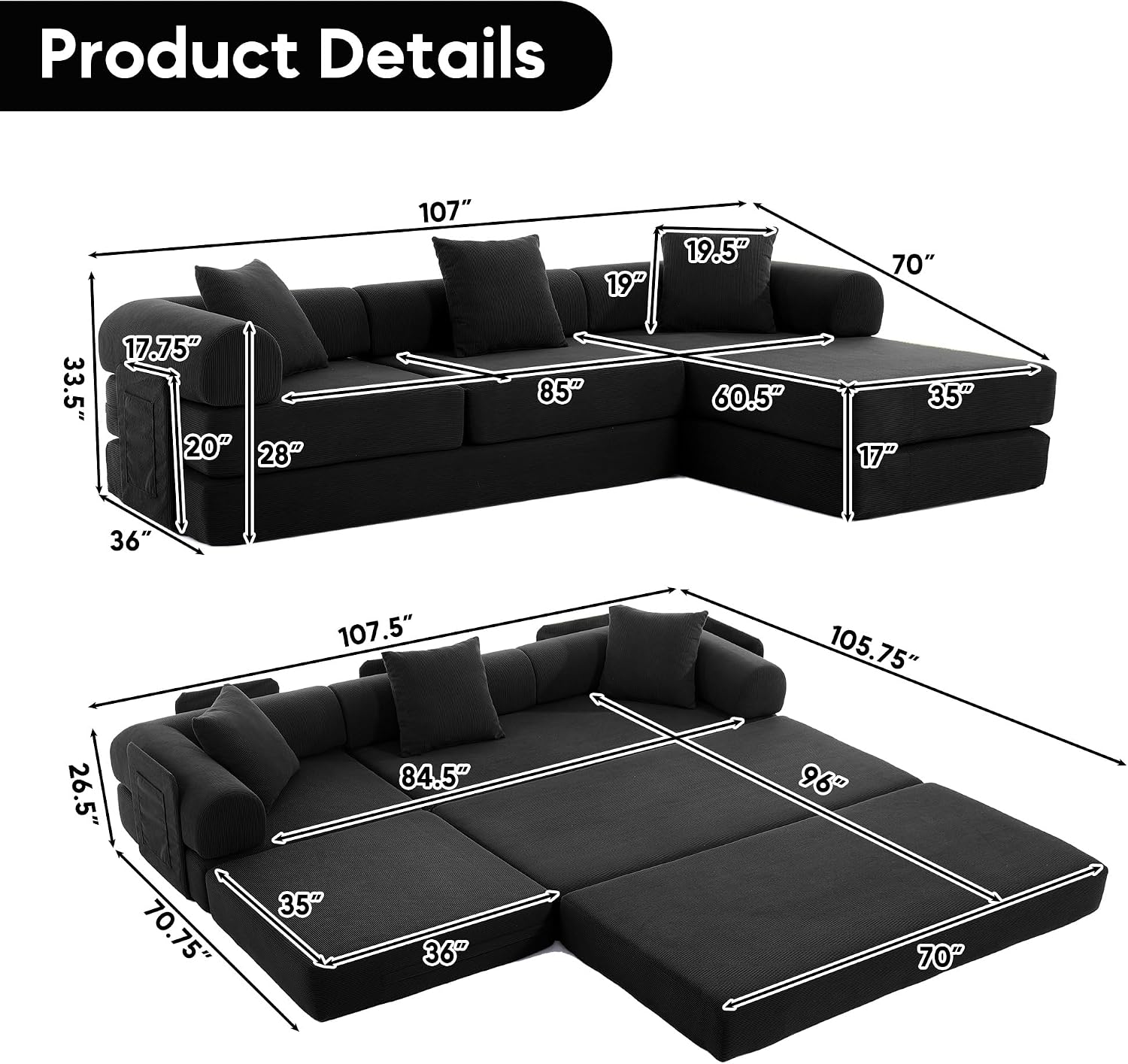 Modular L Shaped Sofa Bed with Cylindrical Pillow & Reversible Chaise, Corduroy Convertible Floor Boneless Sofa Couch Bed with Fixed-Shape Frame & Storage Pocket for Living Room, Black