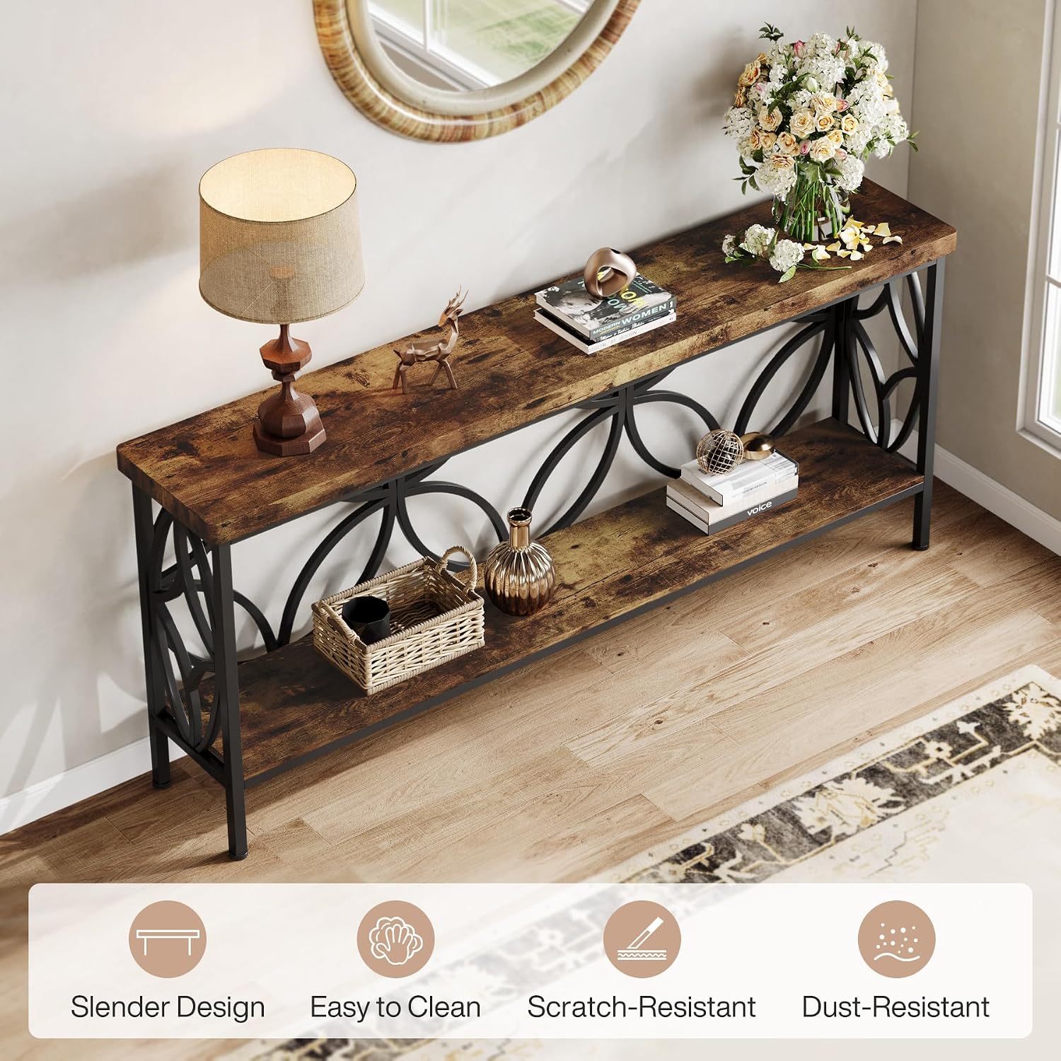 Tribesigns 70.9-Inch Narrow Sofa Table, 2-Tier Industrial Console Table Behind Couch, Long Entry Tables with Storage for Entryway, Living Room, Foyer, Hallway, Rustic Brown