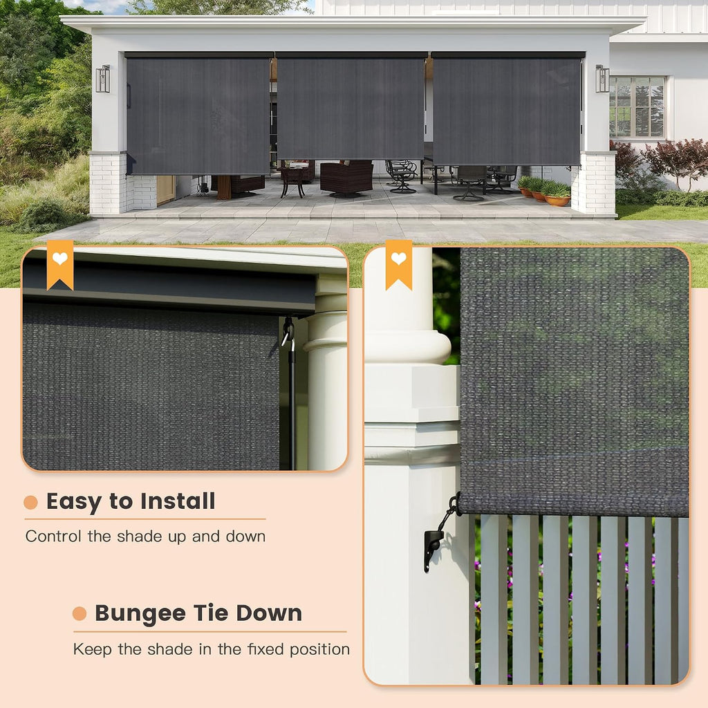 VICLLAX Premium Outdoor Roller Shade, 220GSM 95% Patio Cordless Blinds with Aluminum Valance (7' W X 8' L), Anthracite