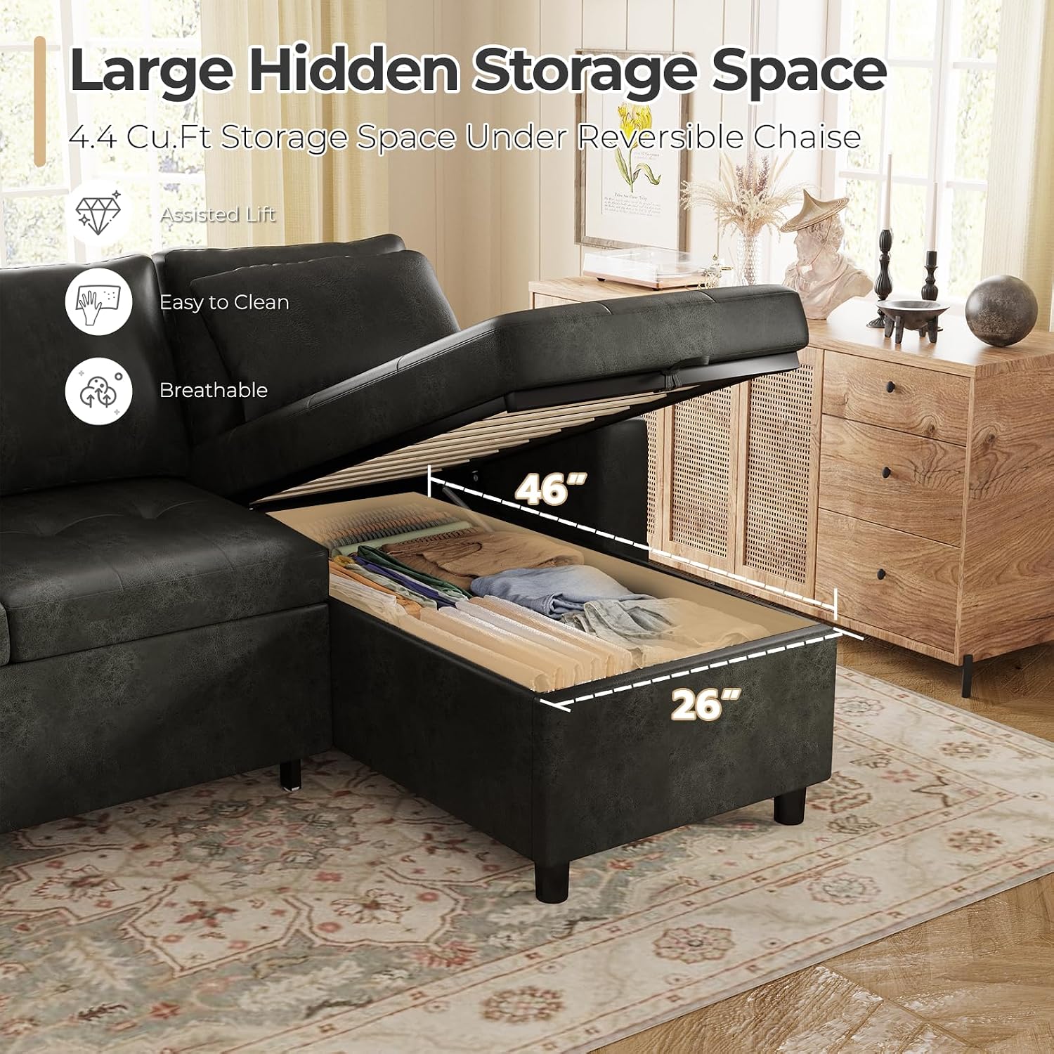 Esright Sleeper Sofa Bed, 3-in-1 Pull Out Couch with Reversible Chaise, Leather Sleeper Sofa with Storage, USB, Cup Holder, Pullout Sectional Couches for Apartment Living Room, Black | Hidden Storage Space