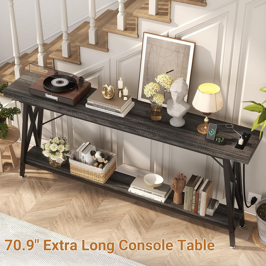 Homieasy 70.9 Inch Console Table, Industrial Sofa Table Behind Couch with Charging Station & Storage Shelf, Entryway Table for Living Room & Entryway, Grey
