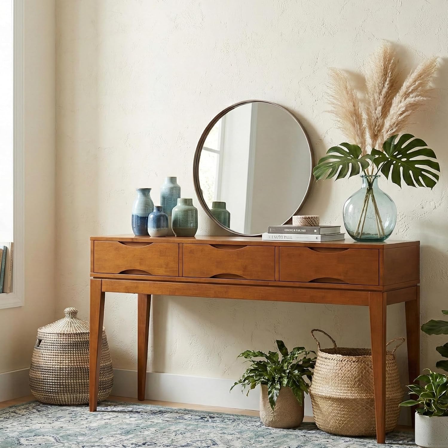 SIMPLIHOME Harper Console Table - 54 Inch Wide Solid Wood Sofa Table in Tawny Brown Teak, Mid-Century Modern Storage Table for Entryway or Living Room with 3 Drawers, Notched Handles, and Tapered Legs