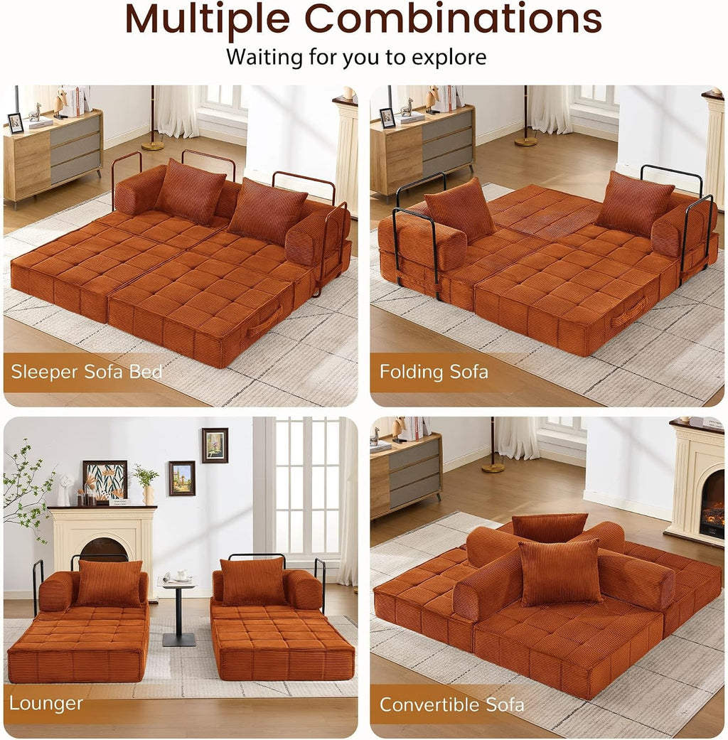Korser Folding Convertible Sofa Bed, Corduroy Upholstered Boneless Couch, Small Sectional Cloud Couch, Loveseat Sleeper Sofa, Modular Futon Floor Sofa Couch for Living Room Bedroom Lounge, No Assembly