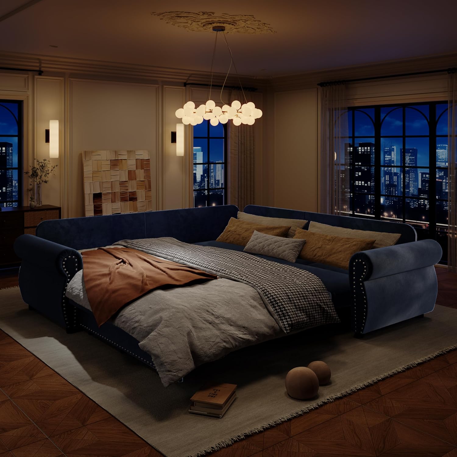 88.2'' Pull Out Couch, Convertible Sleeper Sofa Bed, Upholstered Sectional Sofa, Chenille L-Shaped Couch with Nailhead Trim, 4-Seater Modern Sectional Couches for Living Room, Apartment,Blue