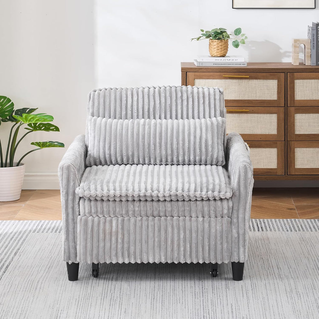 Majnesvon Modern Corduroy Fabric Sofa Bed Futon,3 in 1 Convertible Pullout Bed Sleeper Couches with 3 Reclining Backrests,Small Sofa Chair Bed for Living Room Bedroom (Light Grey)