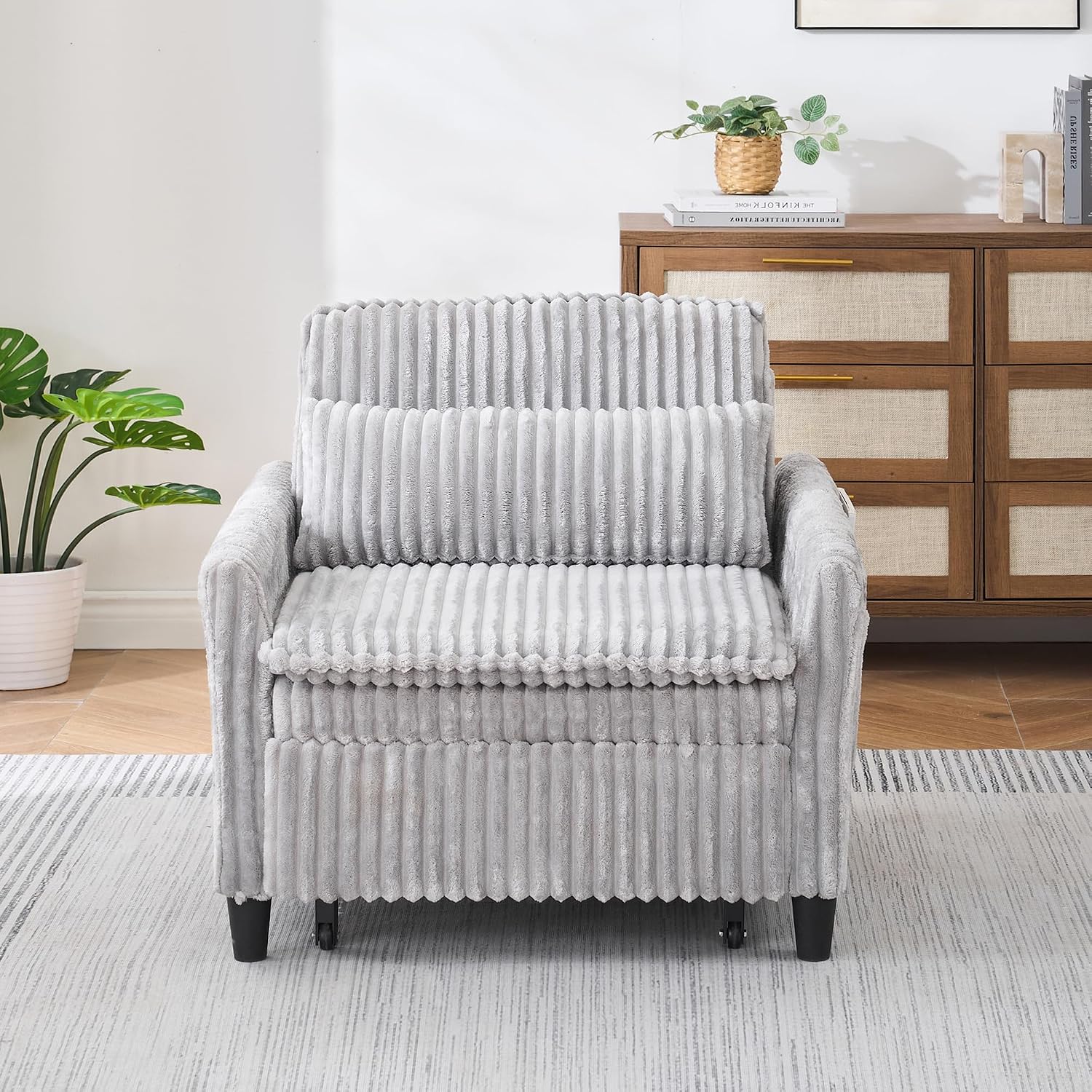 Majnesvon Modern Corduroy Fabric Sofa Bed Futon,3 in 1 Convertible Pullout Bed Sleeper Couches with 3 Reclining Backrests,Small Sofa Chair Bed for Living Room Bedroom (Light Grey)