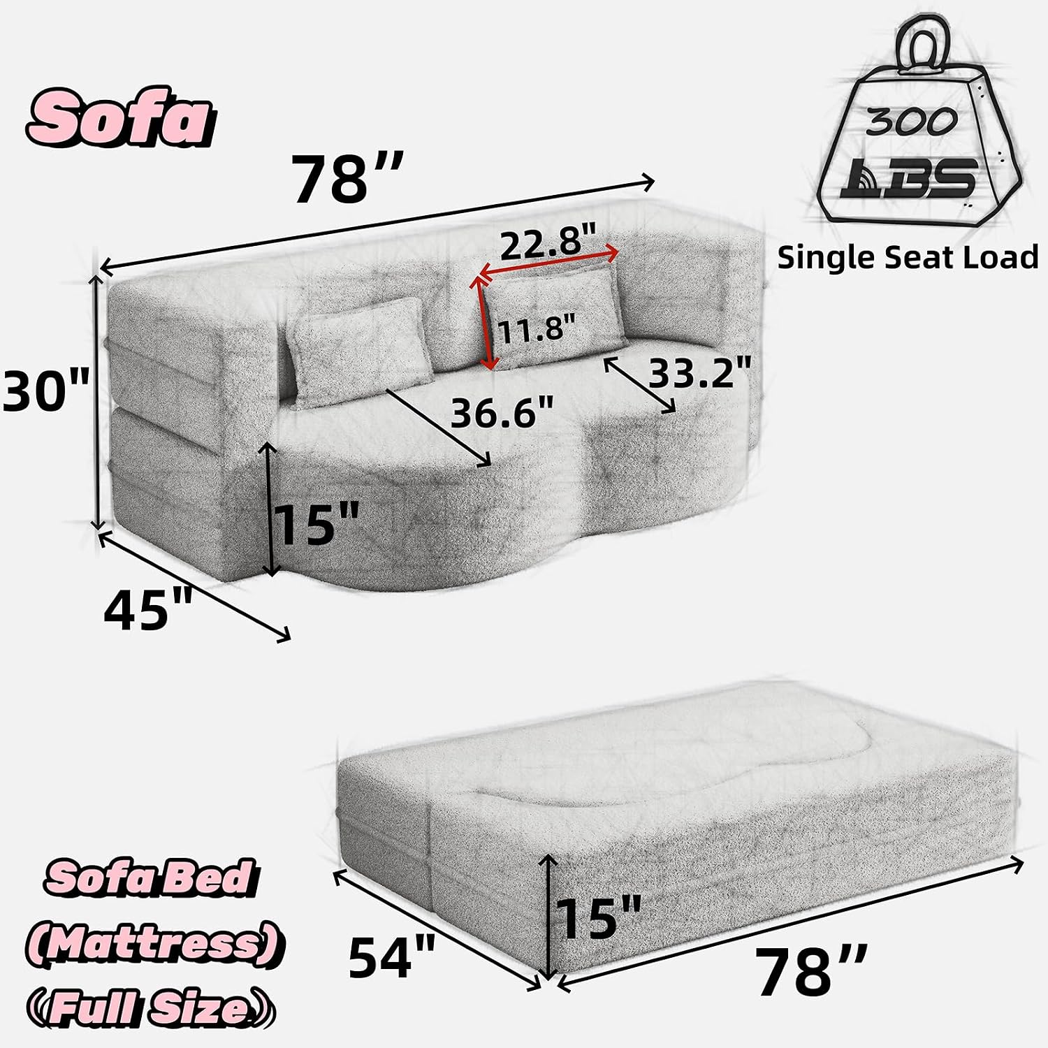 CAPCAEK Convertible Sleeper Sofa Bed,15' Thick Full Size Folding Floor Couch with 2 Pillows, Teddy Fabric Foam-Filled Futon Loveseat Couch for Living Room, Guest Use, Office, Apartmen (Grey)