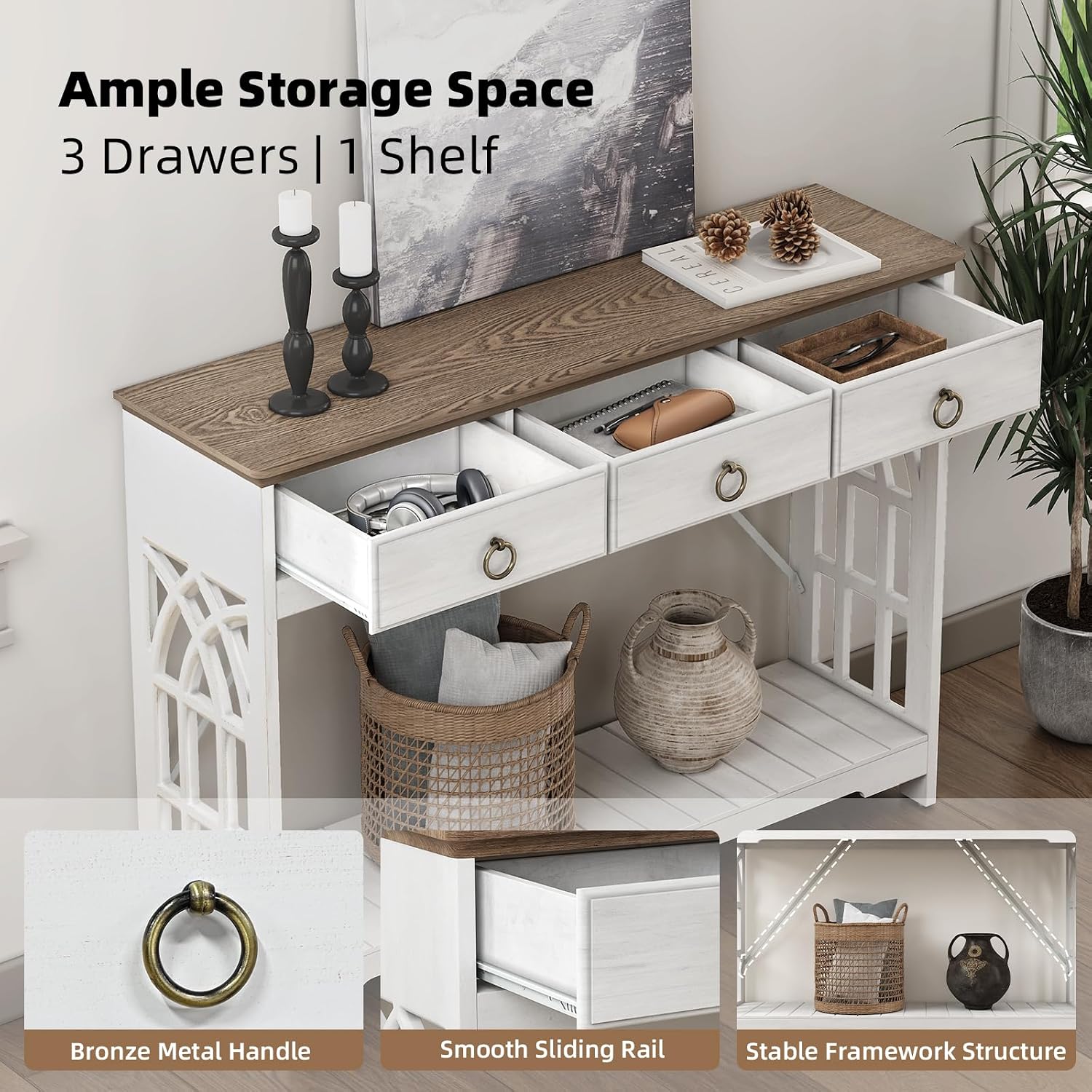 JOINICE,43' Console Tables with Drawers,Farmhouse Entryway Table with Shelf and Solid Wood Legs,Narrow Long Rustic Vintage Sofa Foyer Tables for Entryway,White
