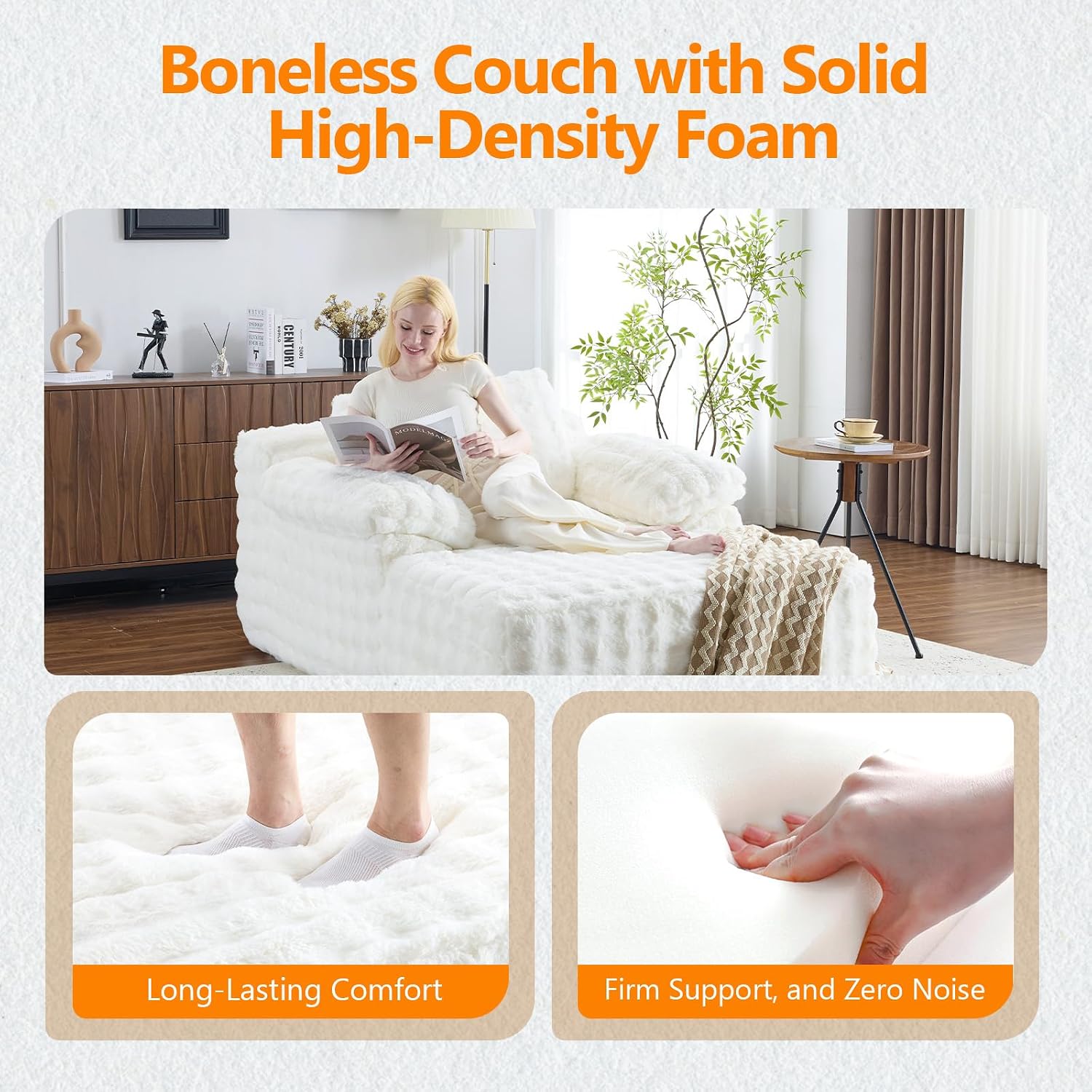 VINGLI Chaise Lounge Chair Indoor, White Boneless Couch Oversized Reading Chair Upholstered Bubble Fleece Cloud Couch Sofa Recliner Bed Comfy Sleeper Couches for Living Room, Movie Room, Bedroom