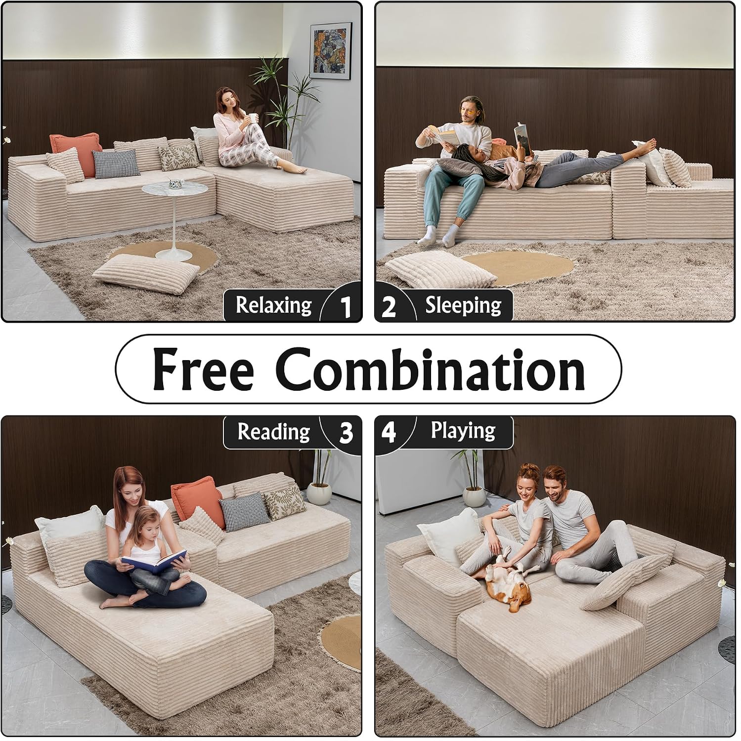 Sectional couches for Living Room Corduroy Couch, 104' Cloud Sectional Couch with L-Shape Chaise, Modern Modular Sofa, Deep Seat Comfort, No Assembly Required(Plush Corduroy, Right Facing Chaise)