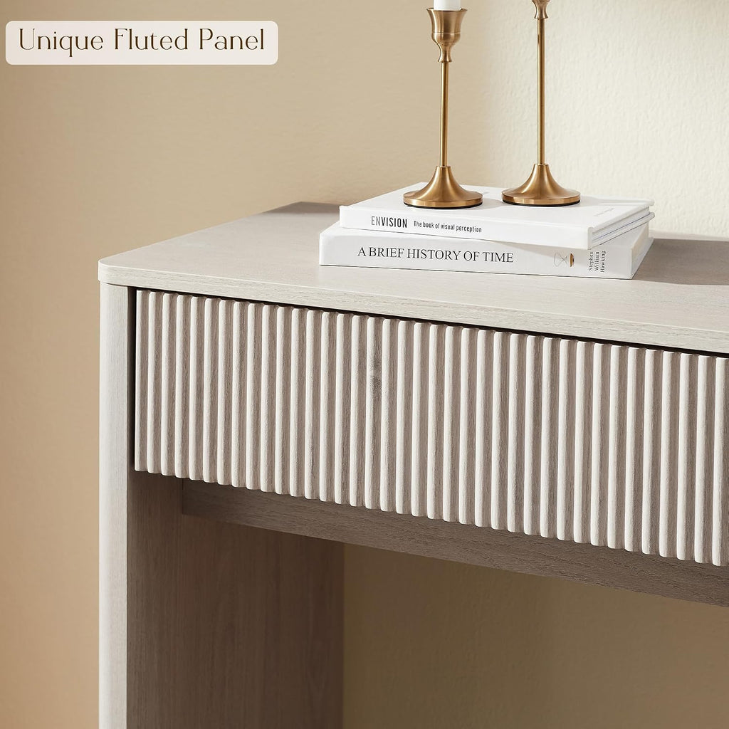 OKD 63' Fluted Console Table for Entryway, Modern Entryway Table with 2 Large Drawers, Long Sofa Table Behind Couch for Living Room, Hallway, Couch, Foyer，Alder White