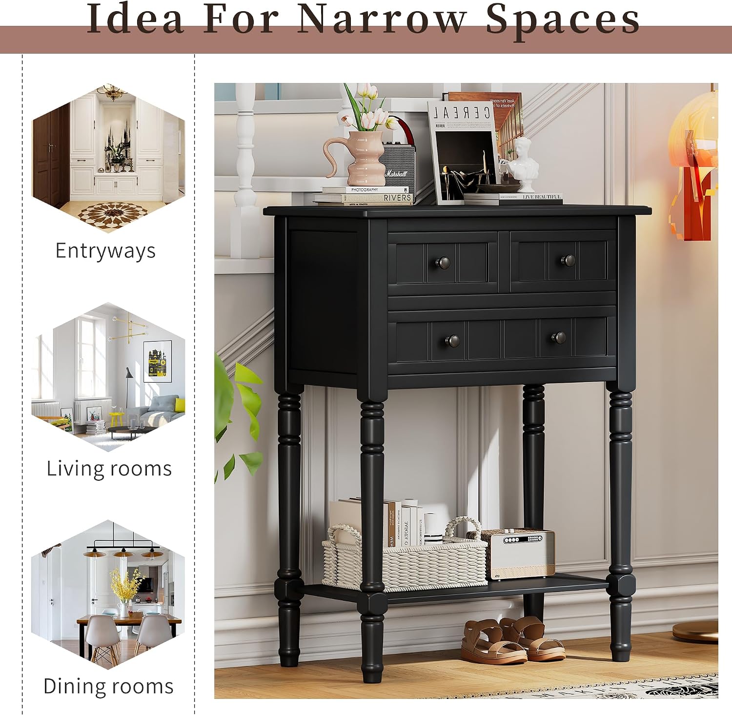 Merax Narrow Console Table, Elegant Slim Entryway Table Sofa Table with Three Storage Drawers and Bottom Shelf for Entryway for Hallway, and Living Room (Black)