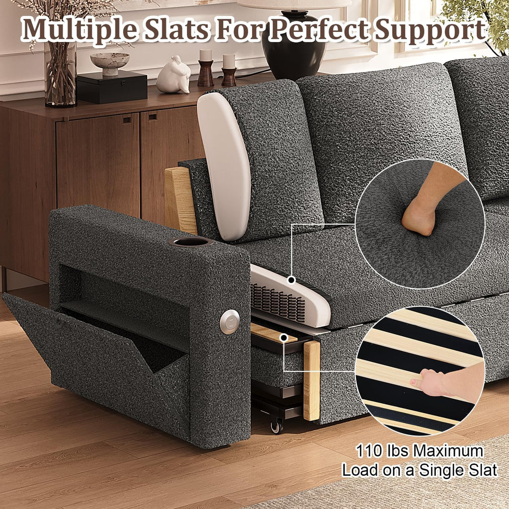 Sleeper Sofa Bed, 4-in-1 Pull Out Couch with Reversible Chaise | Dual USB & Type-C Charging | Dual Cup Holders | Layered Storage (Armrest + Chaise) for Living Room, Apartment, Home Office (Dark Gray)