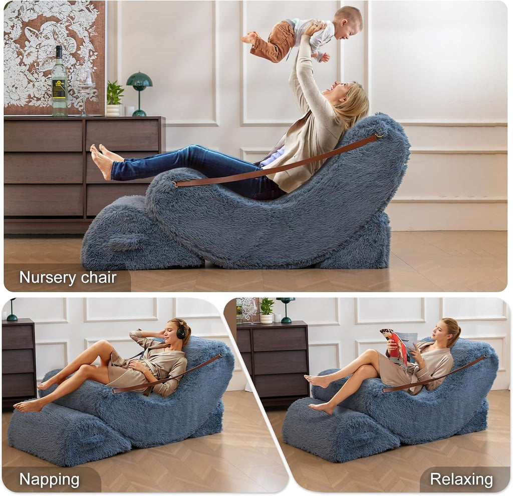 3-in-1 Adjustable Zero Gravity Floor Chair, Oversized Faux Fur Boneless Chair for Adults with Memory Foam & Washable Cover, Silent Rocker Recliner Lounge Chair for Reading, Nursing, Gaming, Bluegray