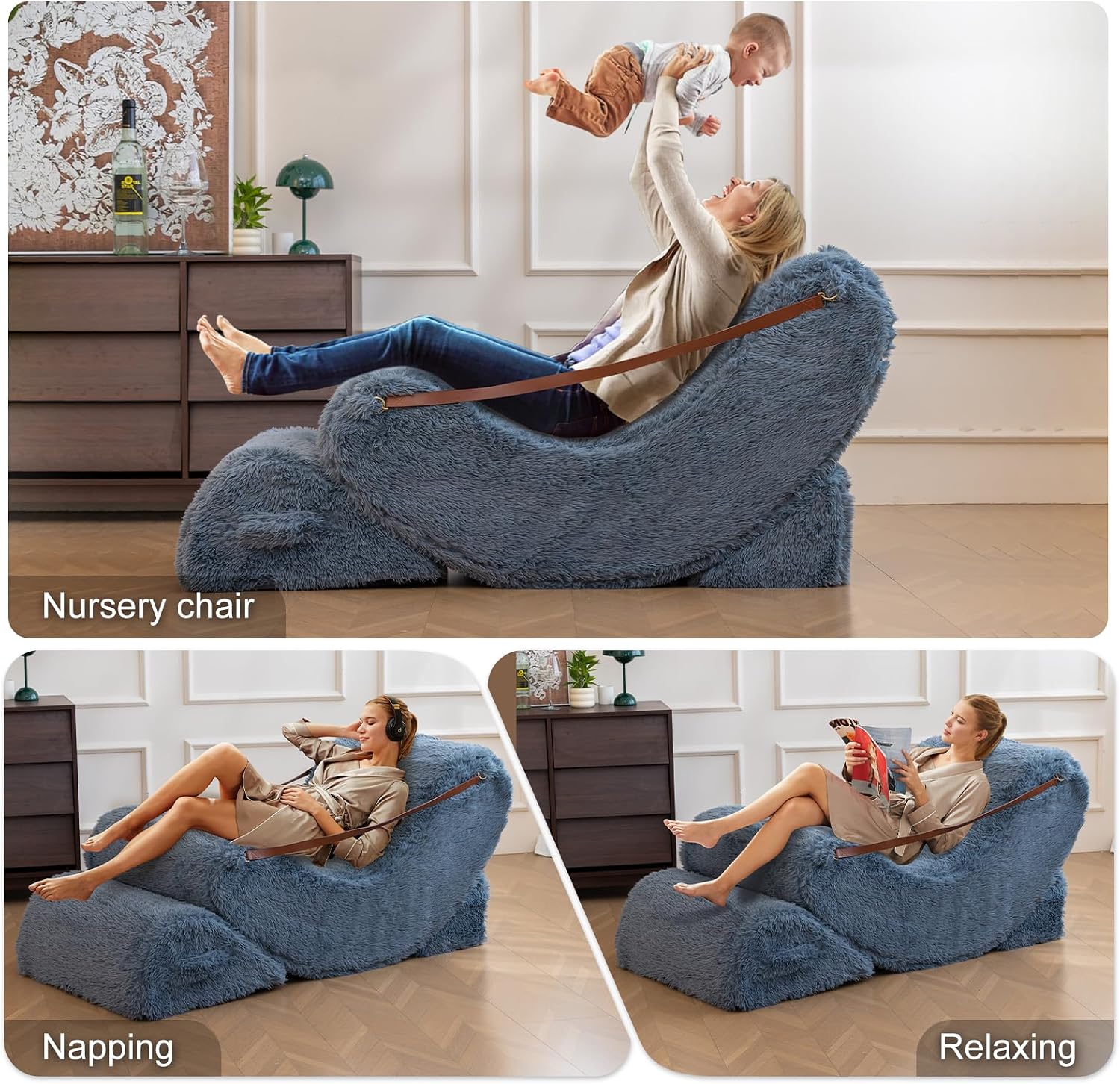 3-in-1 Adjustable Zero Gravity Floor Chair, Oversized Faux Fur Boneless Chair for Adults with Memory Foam & Washable Cover, Silent Rocker Recliner Lounge Chair for Reading, Nursing, Gaming, Bluegray