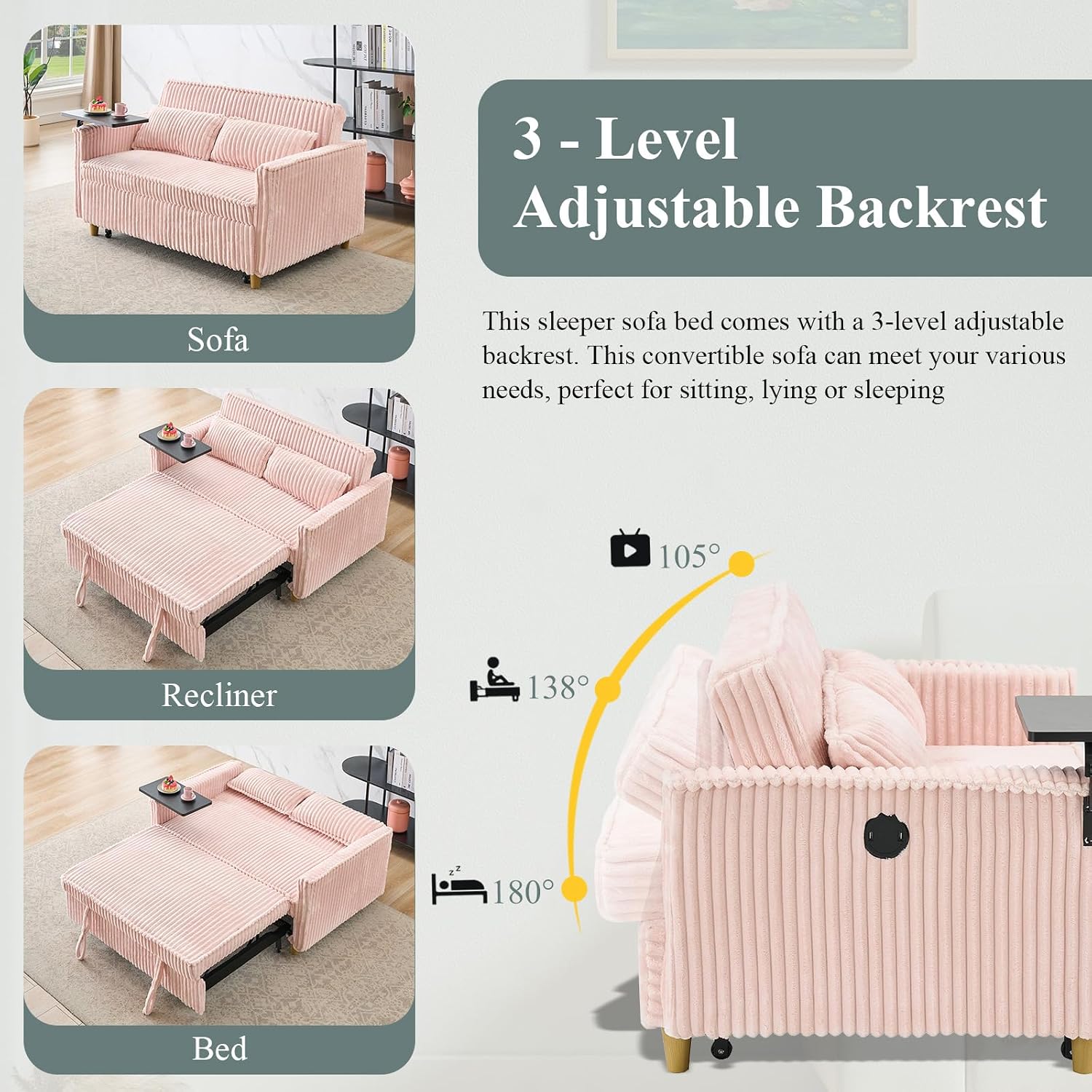 54'W Convertible Sleeper Sofa Bed,3-In-1 Corduroy Pull Out Couch Bed,Futon Loveseat Sleeper Couch with Adjustable Backrest & USB Ports & Side Table,Recliner for Living Room/Office/Small Space(Pink)