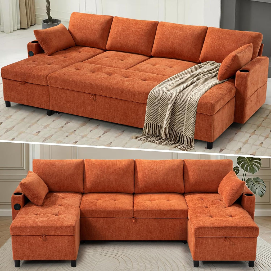 110' Chenille Pull-Out Couch Bed w/Adjustable Backrests, Sectional Sleeper Sofa w/USB Ports & 2 Cup Holders, Upholstered U-Shaped Couch w/Storage Chaise for Living Room, House, Orange