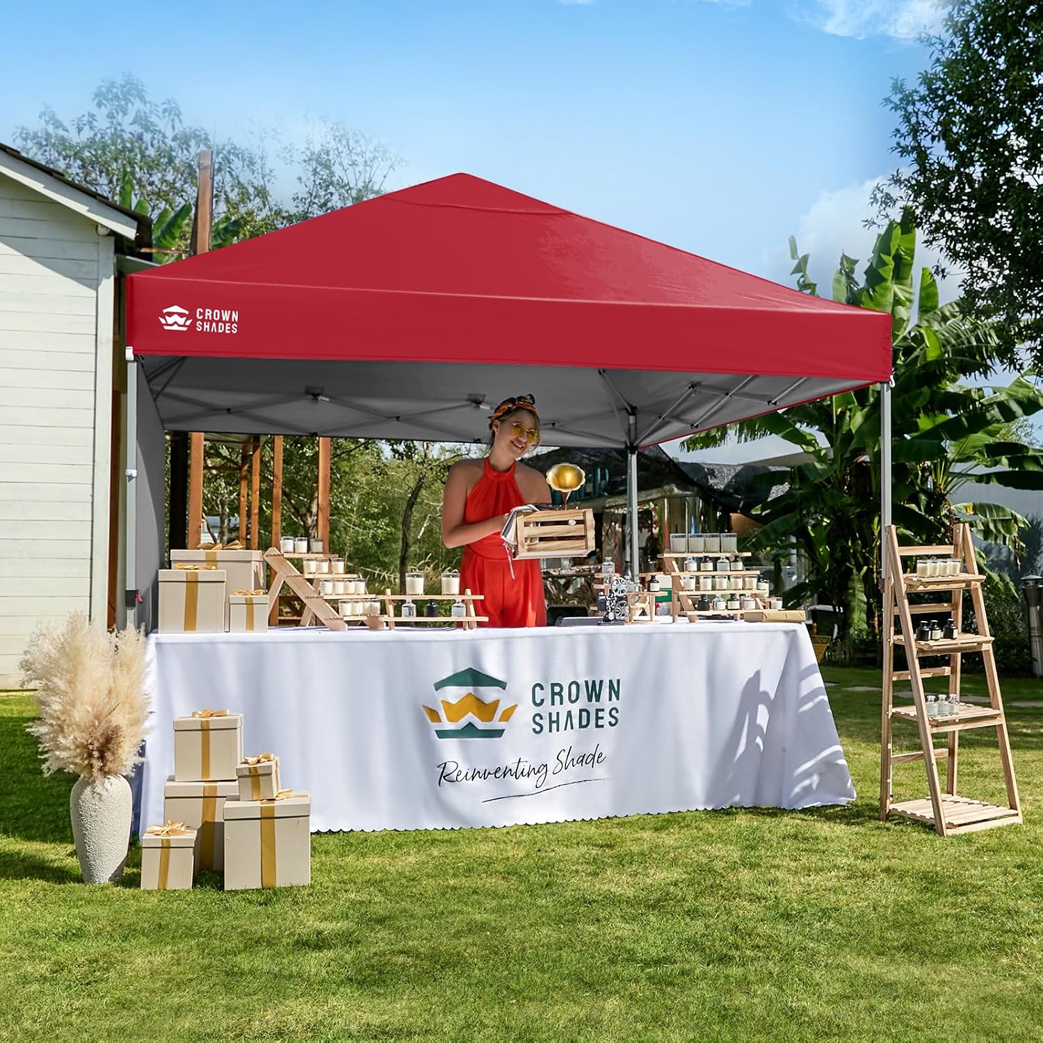CROWN SHADES Pop Up Canopy with 1 Side Wall - Beach Tent with One Push Setup - Outdoor Sun Shade for Events, Parties, Camping - Gazebo with STO-N-Go Cover Bag, Red, 8x8FT