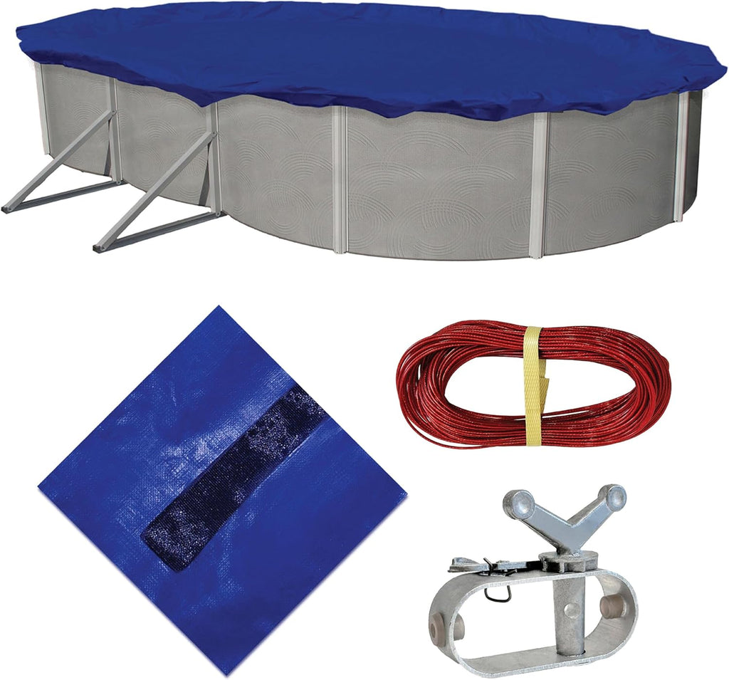Blue Wave Gold 15-Year 18 ft x 38 ft Oval Above Ground Pool Cover for Winter – Durable & Weather-Resistant Polyethylene – 4 ft Overlap, Black Underside, Reinforced Grommets, Winch, Cable – Royal Blue