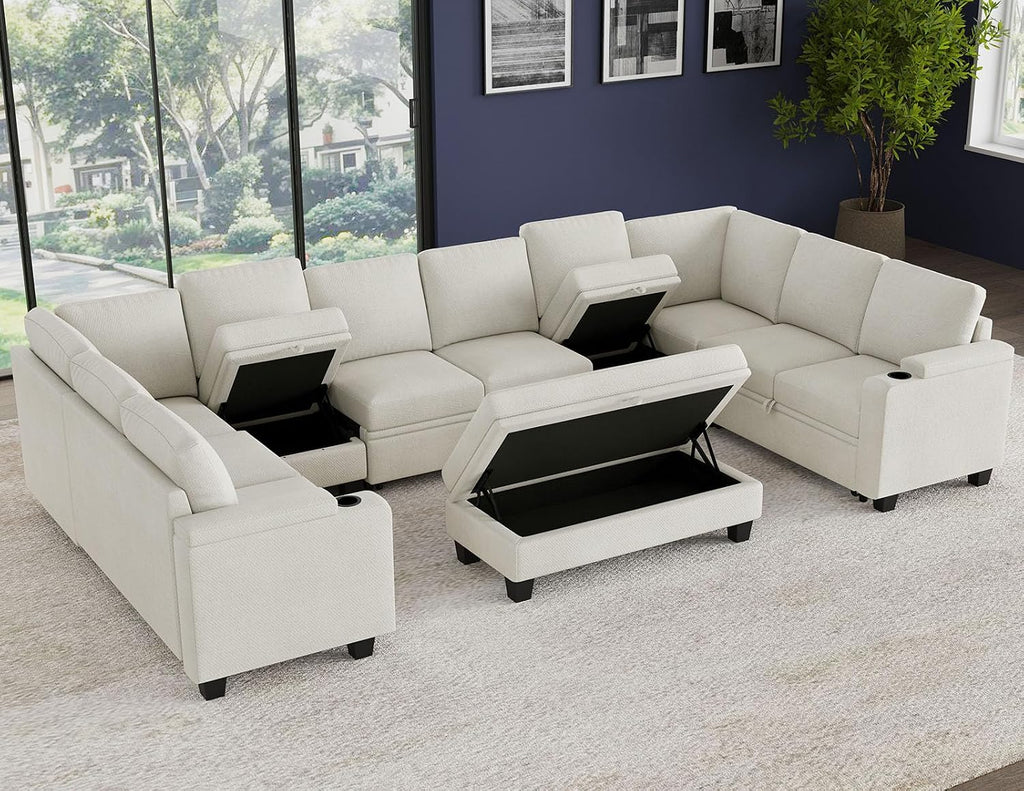 Belffin Large Modular Sectional Sleeper Sofa with Pull Out Bed Oversized U Shaped Sectional Couches for Living Room. White Couch