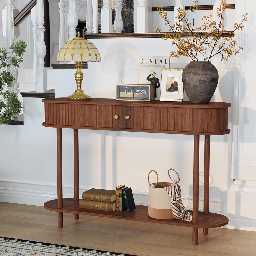 ARTPOWER 47.2' Modern Entryway Table with Wood Tambour Door, Accent Behind Couch Sofa Console with Storage, Fluted Side Table for Hallway, Living Room, Foyer, Brown