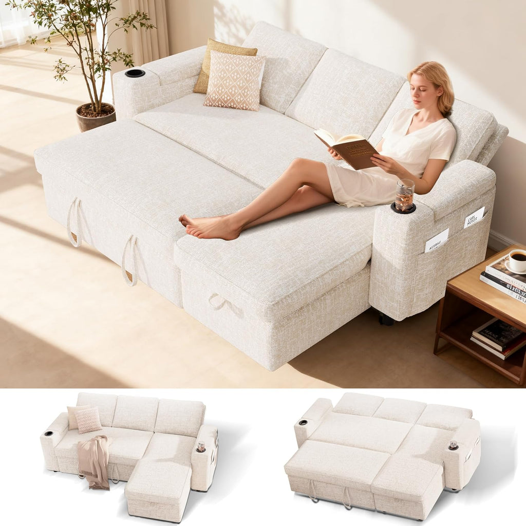 Sunny Heart L-Shaped Sleeper Sofa with Pull Out Bed, 82' Sectional Couch with Reclining Backrest, Reversible Storage Chaise, Armrest Storage, Cup Holders, and Side Pockets, Tool-Free Assembly, Beige