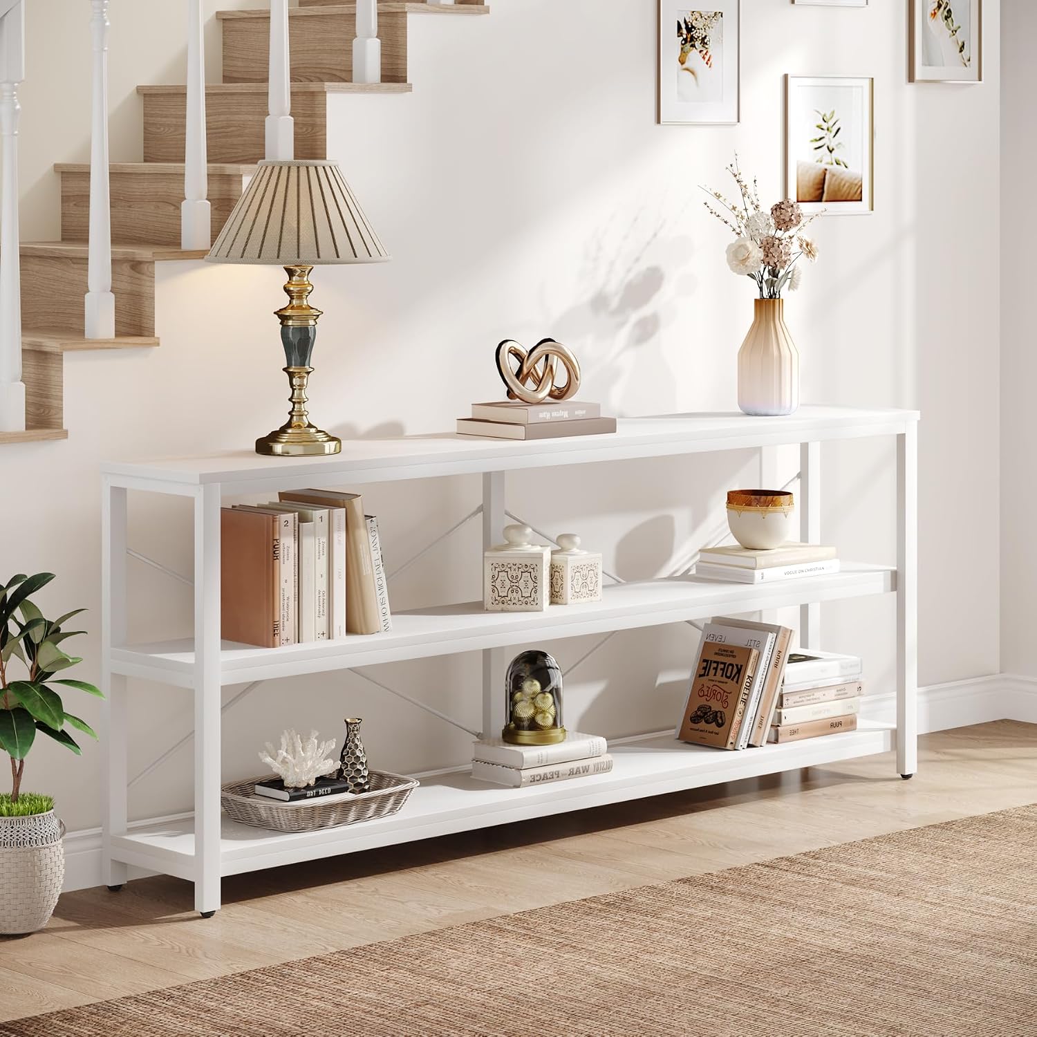 Tribesigns 70.9-Inch Extra Long Console Table, 3-Tier Industrial Sofa Table with Metal Frame, Modern Behind Couch Table with Storage Shelves for Living Room Entryway Hallway Foyer (White)