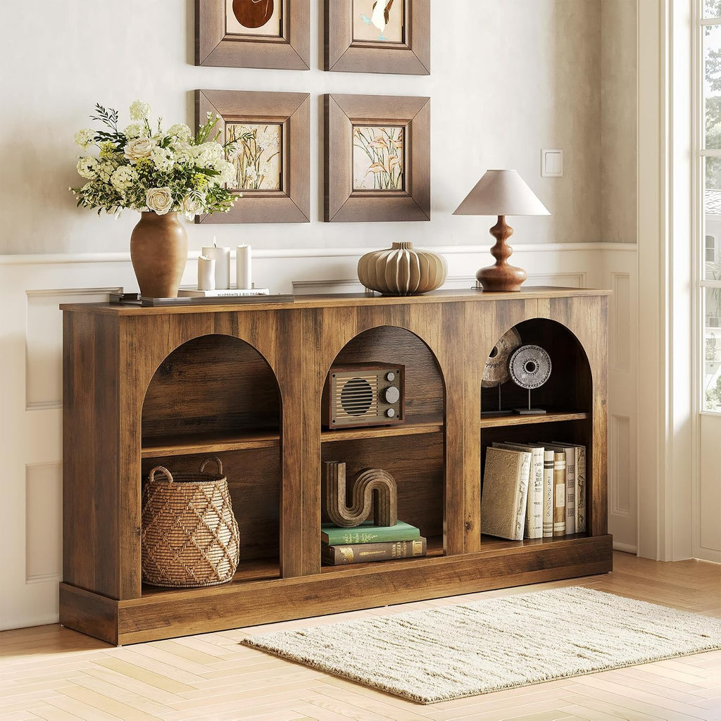 LITTLE TREE 63' Modern Console Sofa Table with 3-Tier Storage, Wooden Rectangular Foyer Table, for Entrance, Hallway, Living Room, Rustic Brown